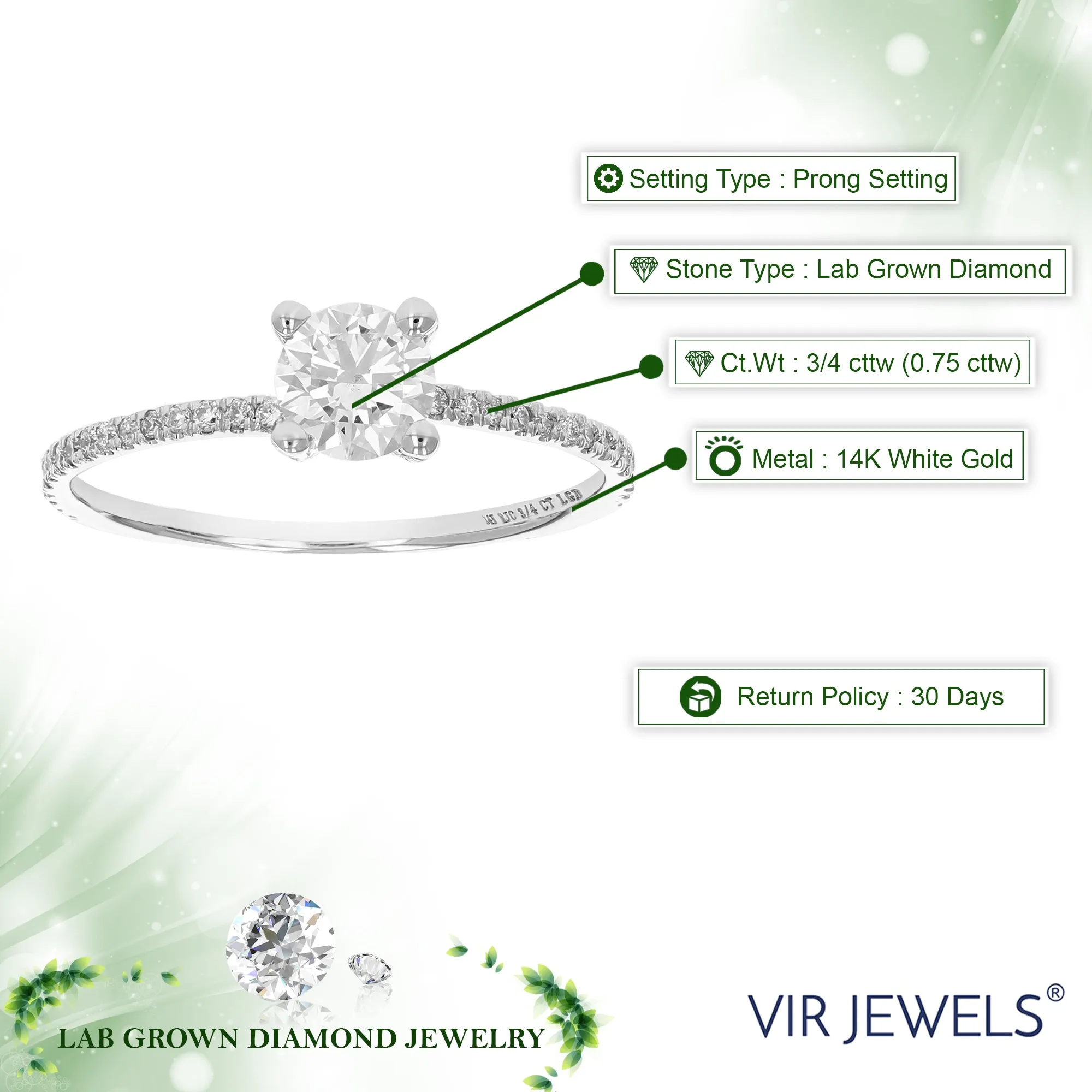 3/4 cttw Lab Grown Round Diamond Engagement Rings 14K White Gold