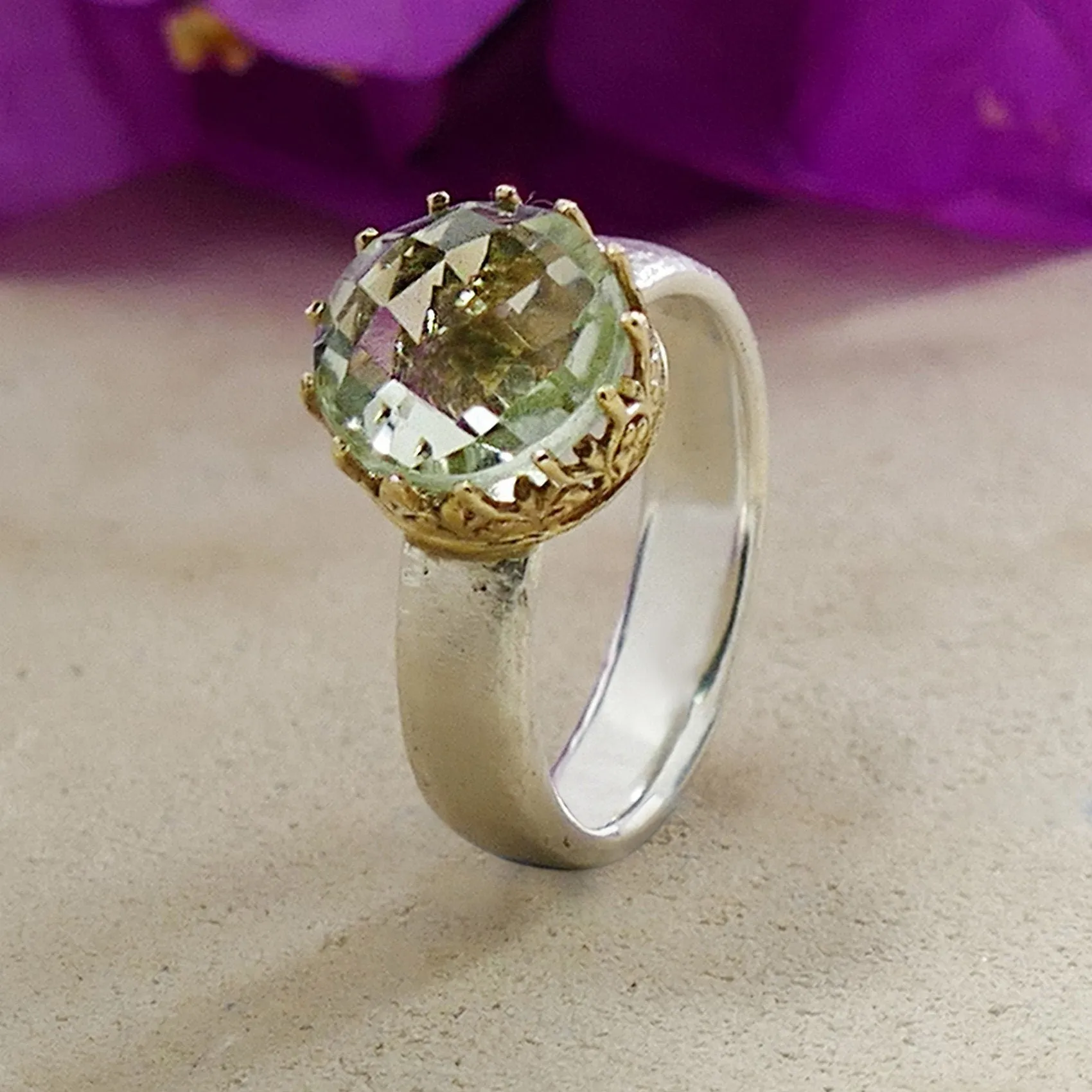 3.5 Carat Natural Green Amethyst Gemstone Two Tone Solid 9k Yellow Gold & 925 Sterling Silver Solitaire Ring Gemstone ring,Mixed metal ring