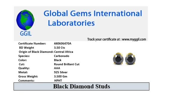 3.50 Ct AAA Certified Black Diamond Solitaire Studs in 925 Silver, Great Sparkle & Luster