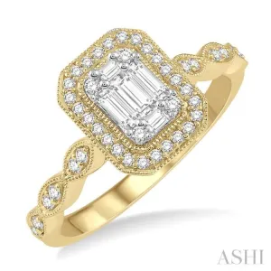 3/8 ctw Emerald Shape Round Cut and Baguette Diamond Fusion Engagement Ring in 14K Yellow and White Gold