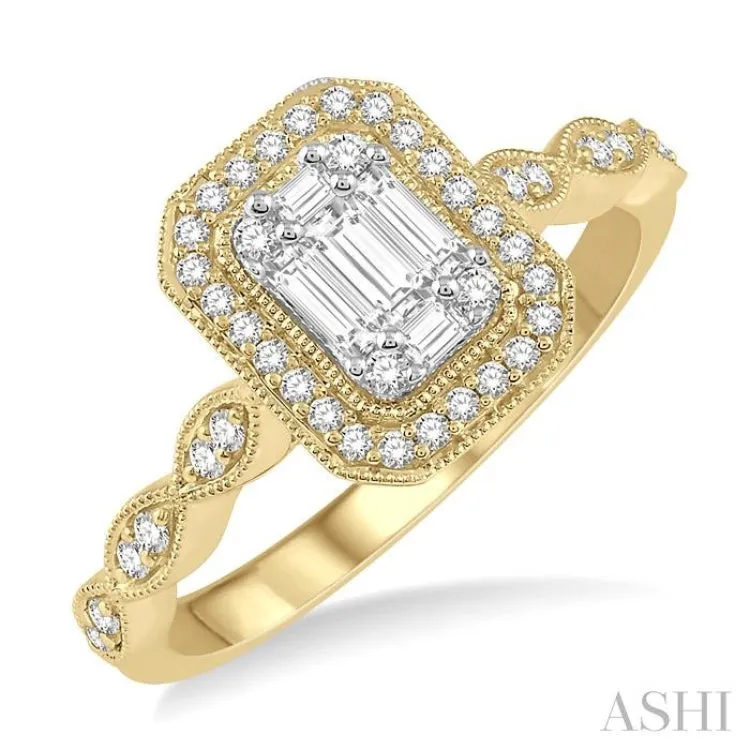 3/8 ctw Emerald Shape Round Cut and Baguette Diamond Fusion Engagement Ring in 14K Yellow and White Gold