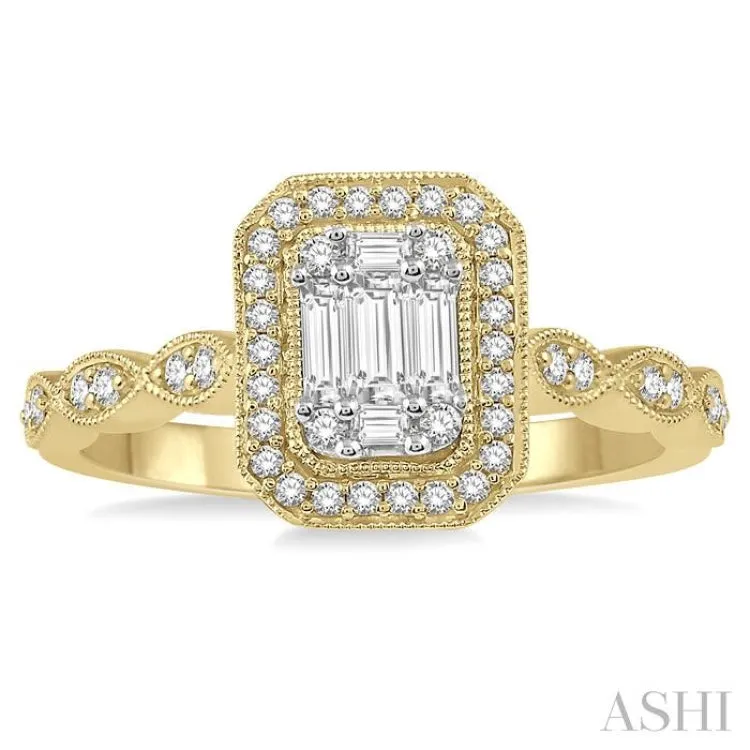 3/8 ctw Emerald Shape Round Cut and Baguette Diamond Fusion Engagement Ring in 14K Yellow and White Gold