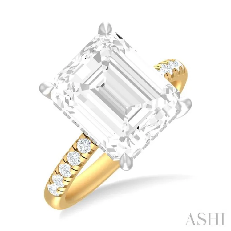 3/8 ctw Emerald Shape Round Cut Diamond Semi Mount Engagement Ring in 14K Yellow and White Gold
