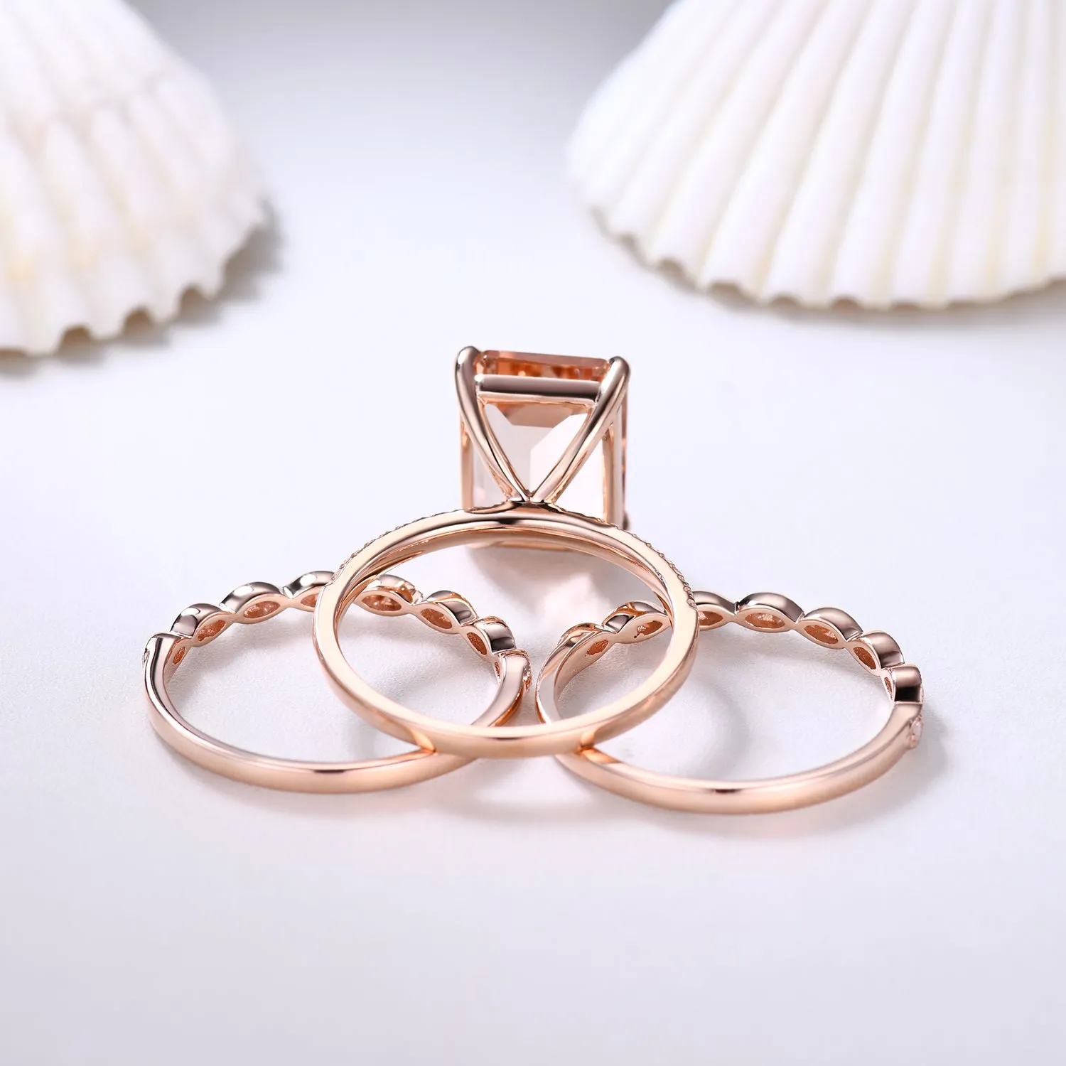 3pcs Big Emerald Cut Morganite Bridal Ring Set and Diamond Half Eternity Bands