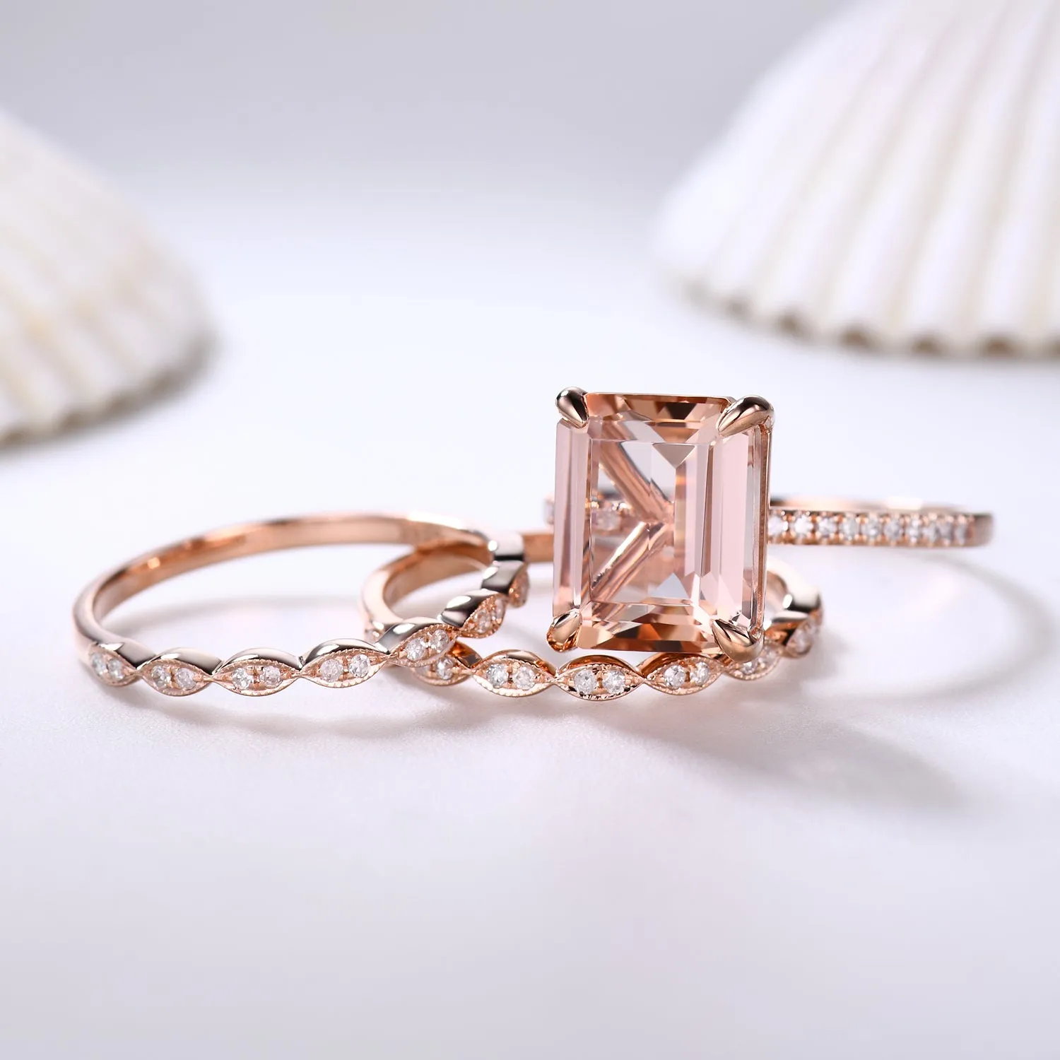 3pcs Big Emerald Cut Morganite Bridal Ring Set and Diamond Half Eternity Bands