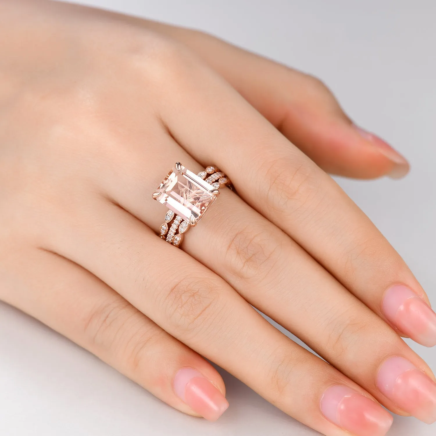 3pcs Big Emerald Cut Morganite Bridal Ring Set and Diamond Half Eternity Bands
