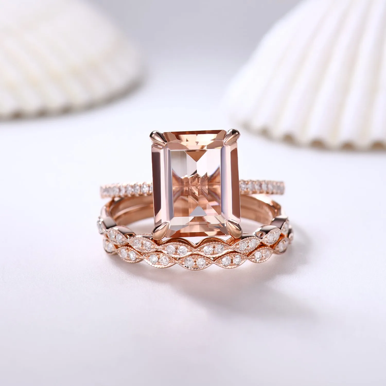 3pcs Big Emerald Cut Morganite Bridal Ring Set and Diamond Half Eternity Bands