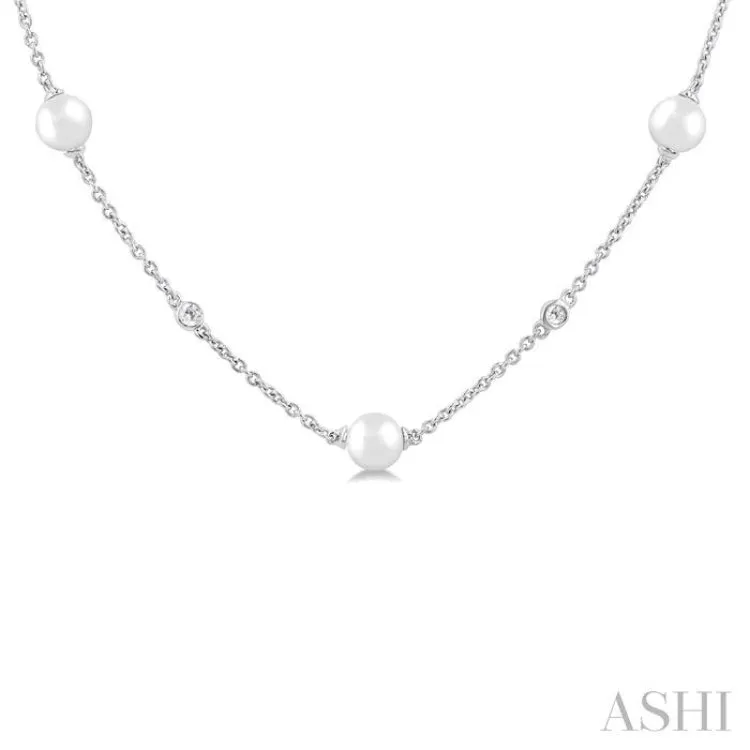 4 MM Round Shape Cultured Pearl and 1/6 ctw Round Cut Diamond Station Necklace in 14K White Gold
