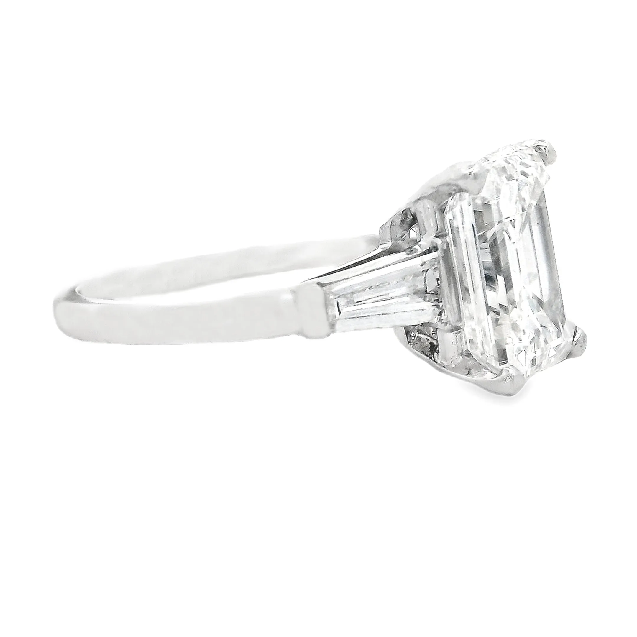 4.28ct Three Stone Emerald Cut Platinum Diamond Engagement Ring