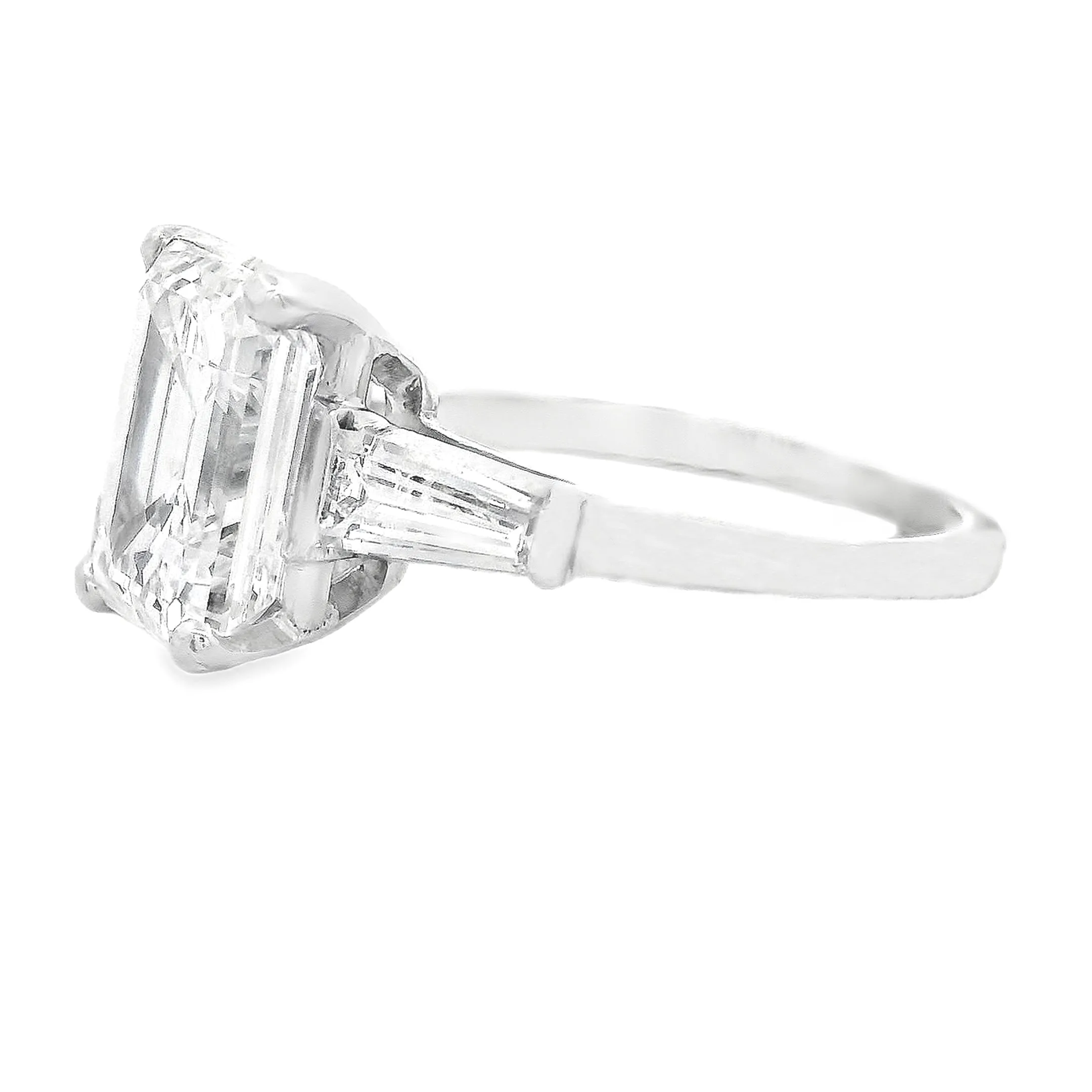 4.28ct Three Stone Emerald Cut Platinum Diamond Engagement Ring