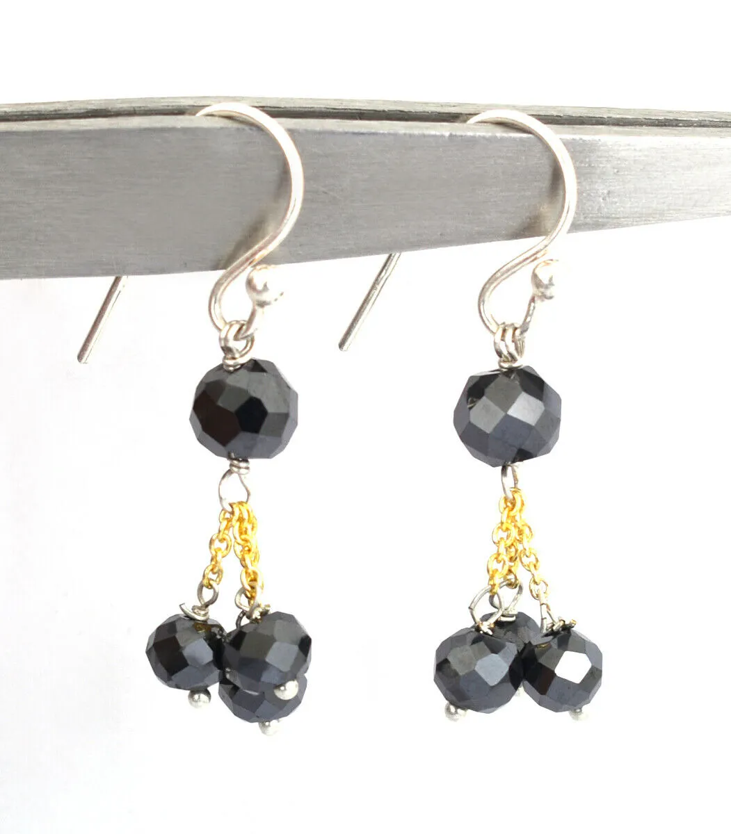 5 mm Round Shape Black Diamond Dangler Earrings In 925 Silver, Beautiful Design with Great Gift