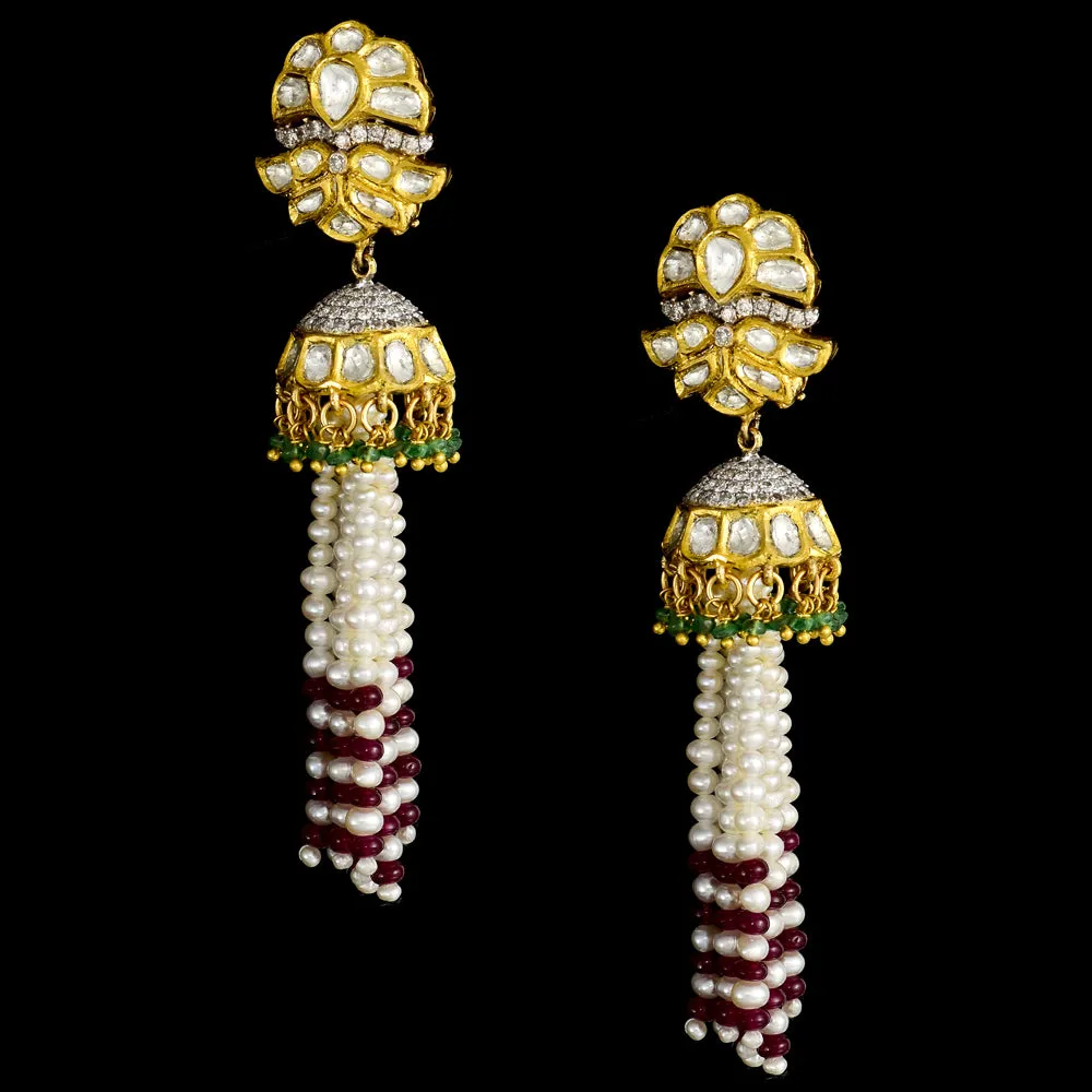 A mesmerizing fusion-style necklace and jhoomki pair adorned with diamond polki, round diamond stringing, lustrous pearls, and vibrant emerald and ruby beads - KMNE3486