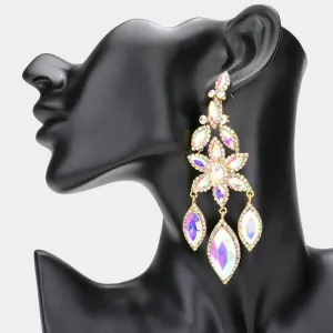 AB Flower Triple Marquise Stone Chandelier Evening Earrings on Gold  | Statement Earrings | 608504