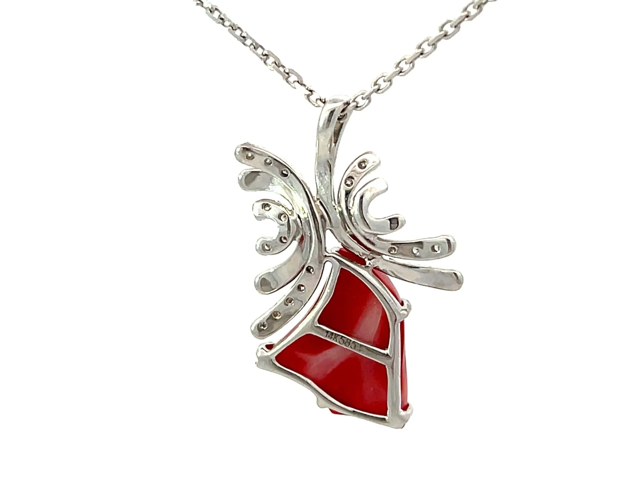 Aka Coral Red Heart Diamond Necklace Solid 14k White Gold