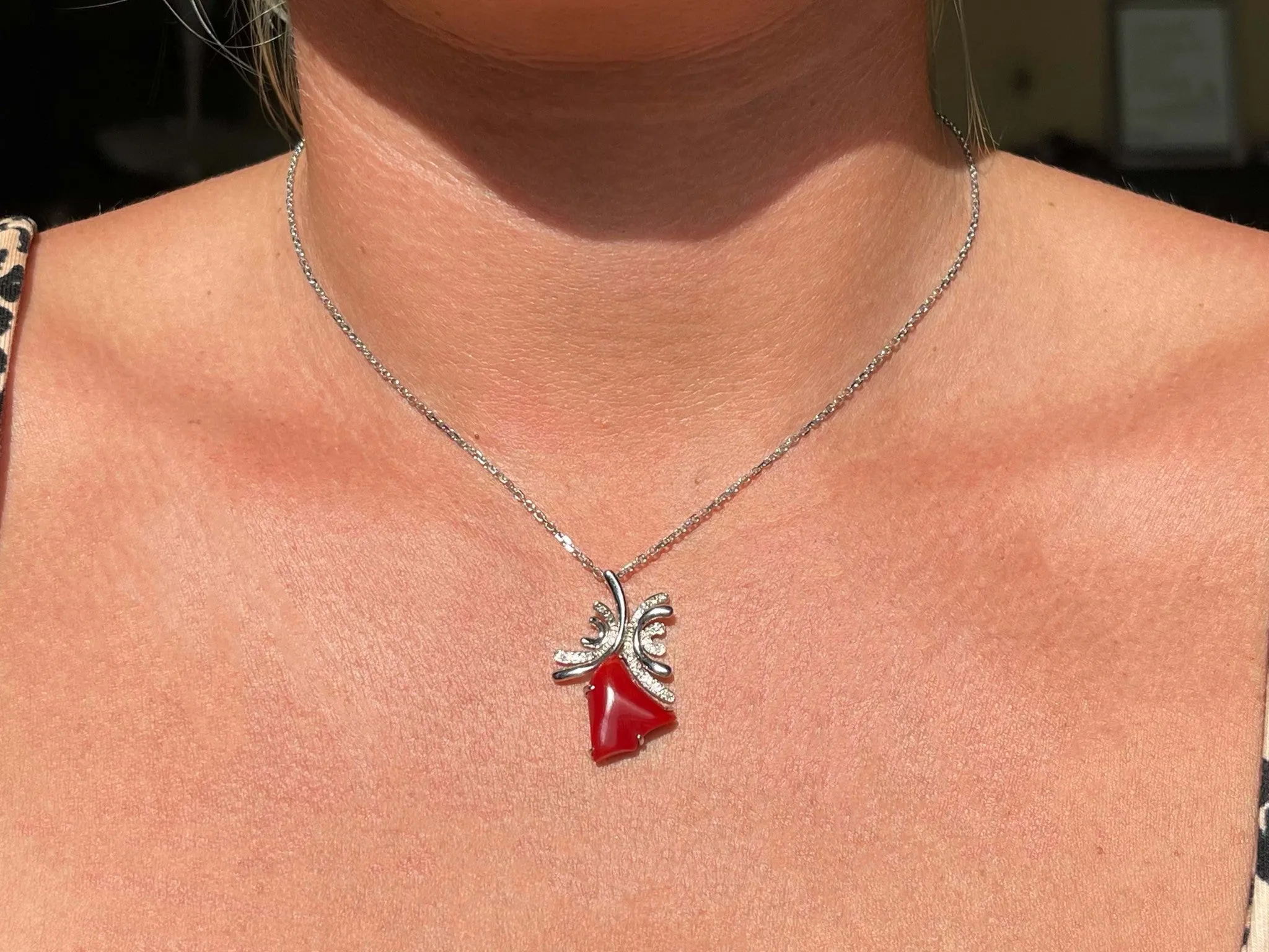Aka Coral Red Heart Diamond Necklace Solid 14k White Gold