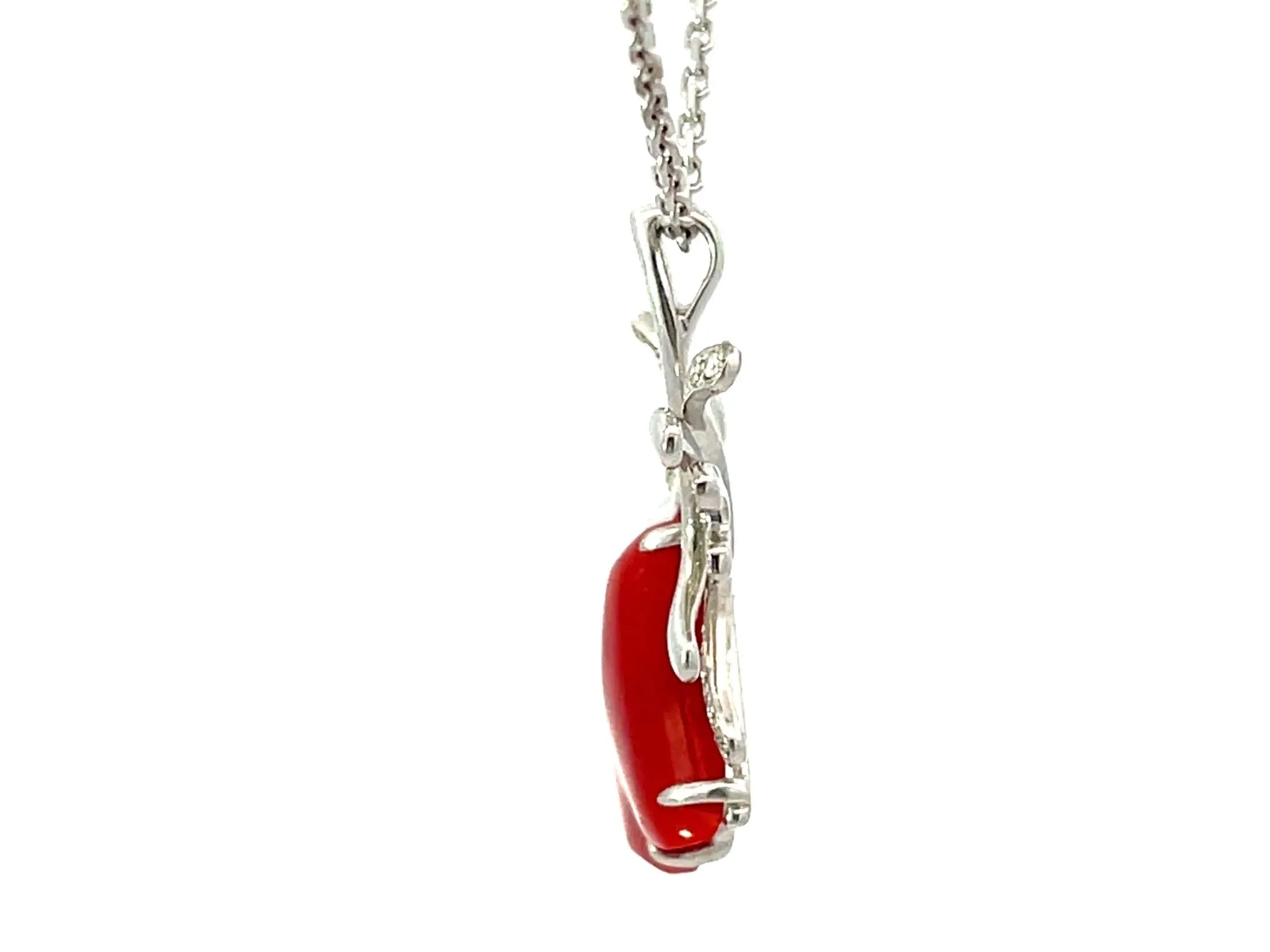 Aka Coral Red Heart Diamond Necklace Solid 14k White Gold