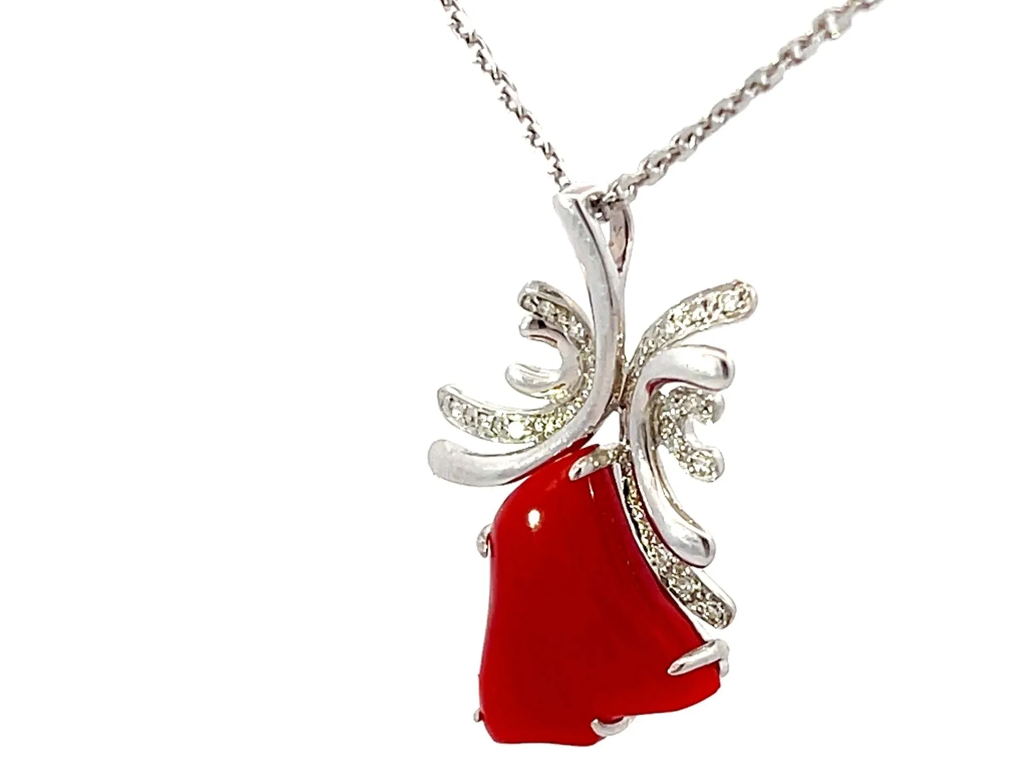 Aka Coral Red Heart Diamond Necklace Solid 14k White Gold