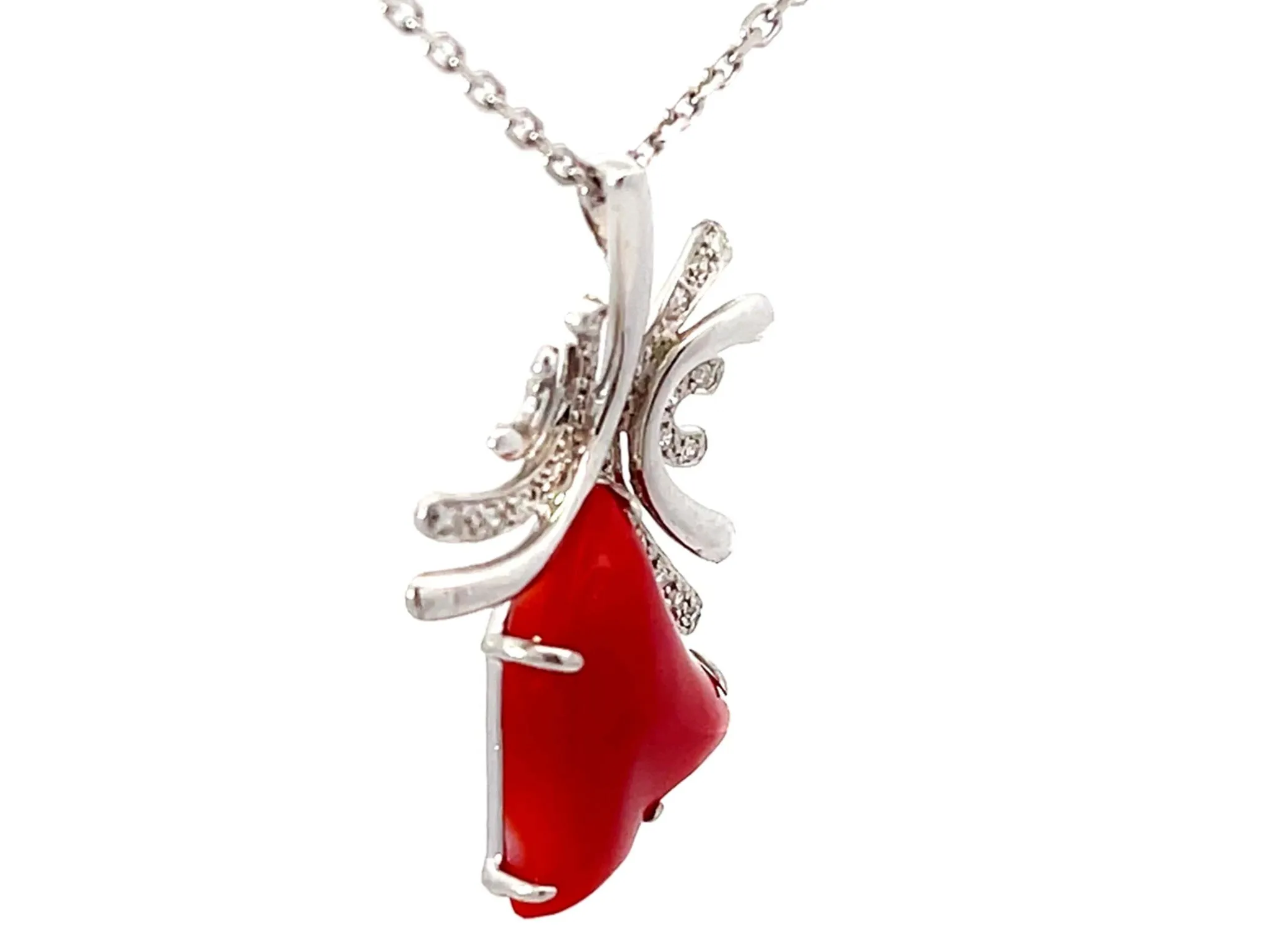 Aka Coral Red Heart Diamond Necklace Solid 14k White Gold