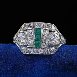 Antique Art Deco Birks Platinum Old European Cut Diamond and Emerald Ring