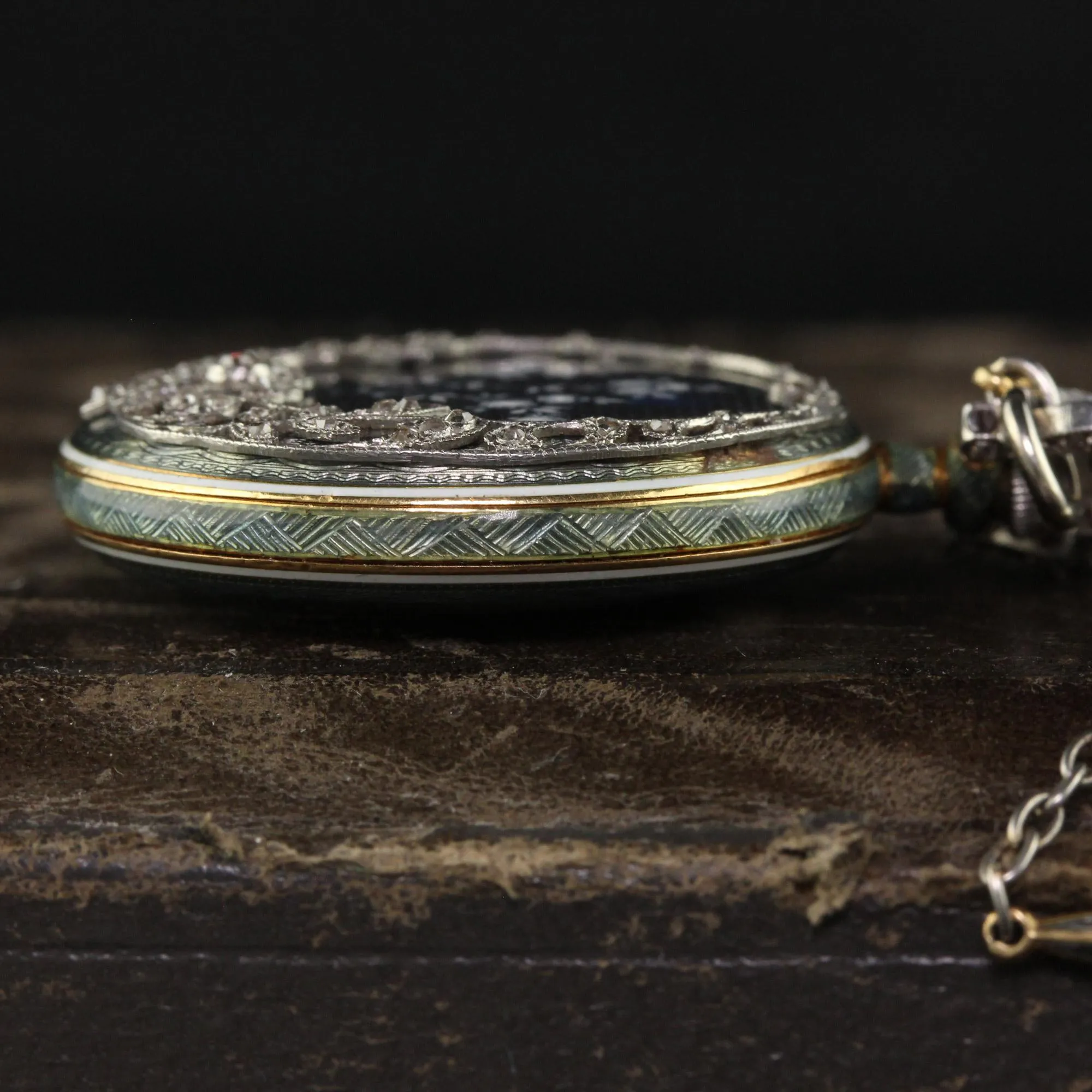 Antique Edwardian Tiffany and Co Platinum Guilloche Enamel Diamond Watch Pendant