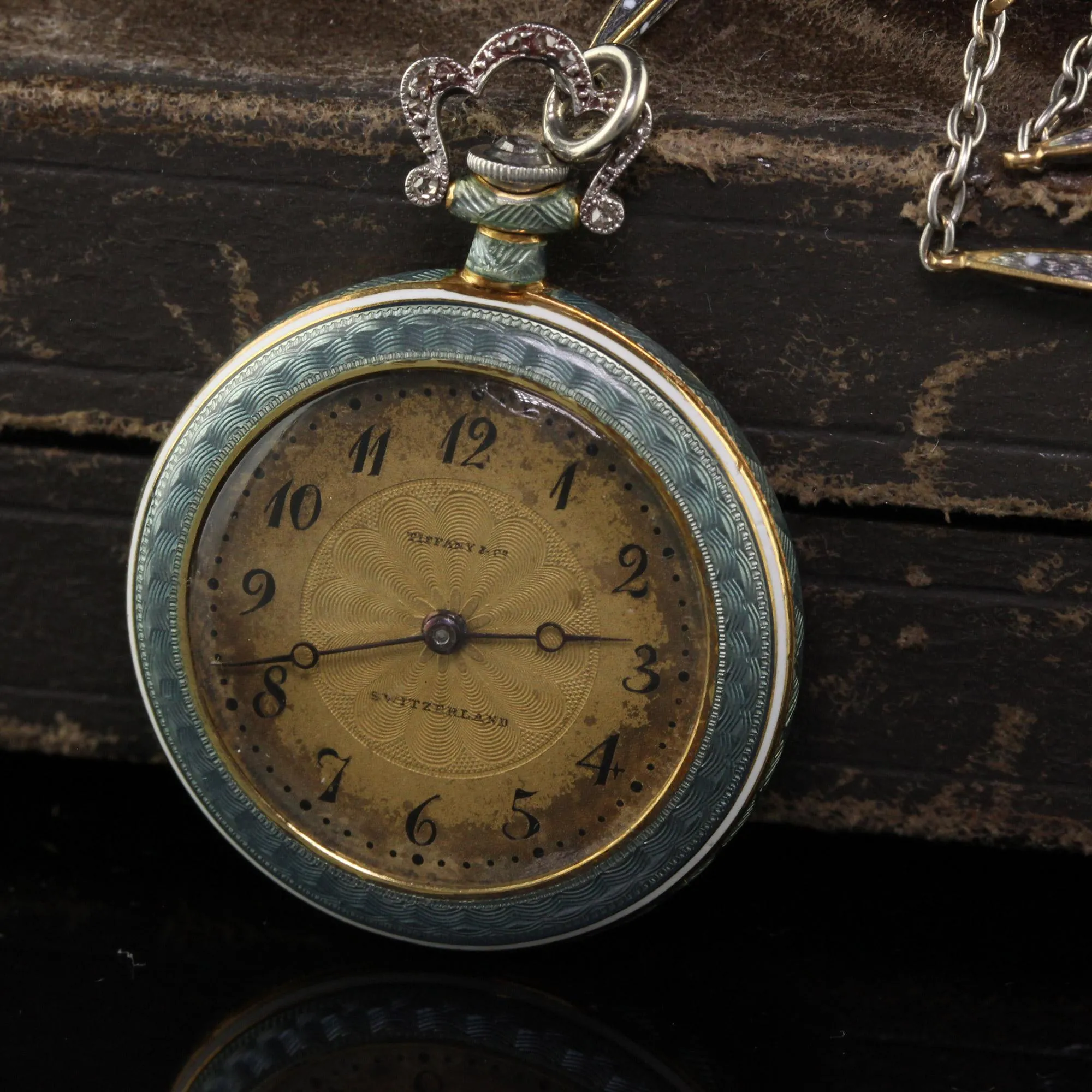 Antique Edwardian Tiffany and Co Platinum Guilloche Enamel Diamond Watch Pendant