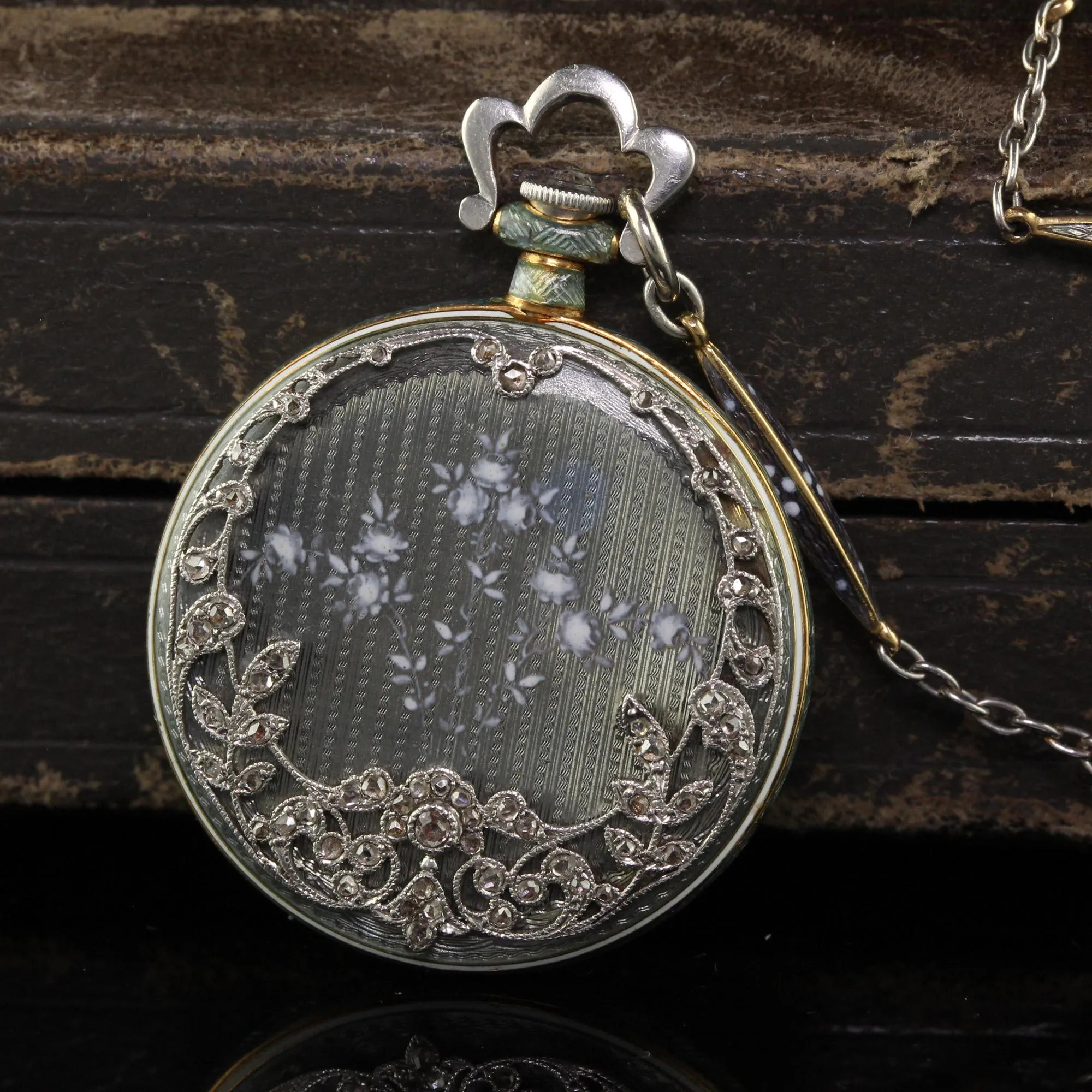 Antique Edwardian Tiffany and Co Platinum Guilloche Enamel Diamond Watch Pendant