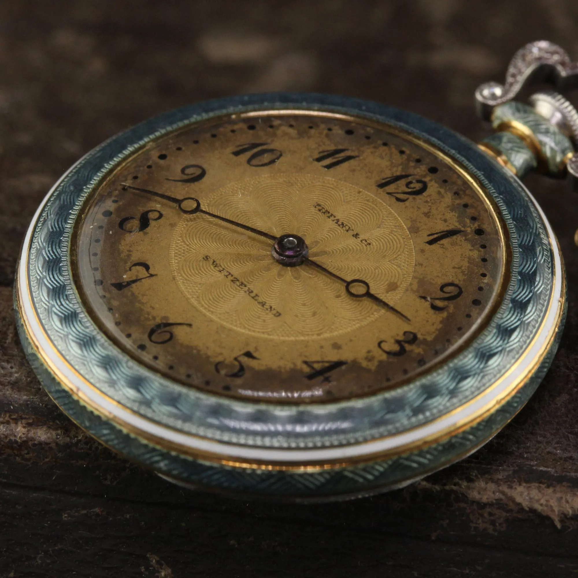 Antique Edwardian Tiffany and Co Platinum Guilloche Enamel Diamond Watch Pendant
