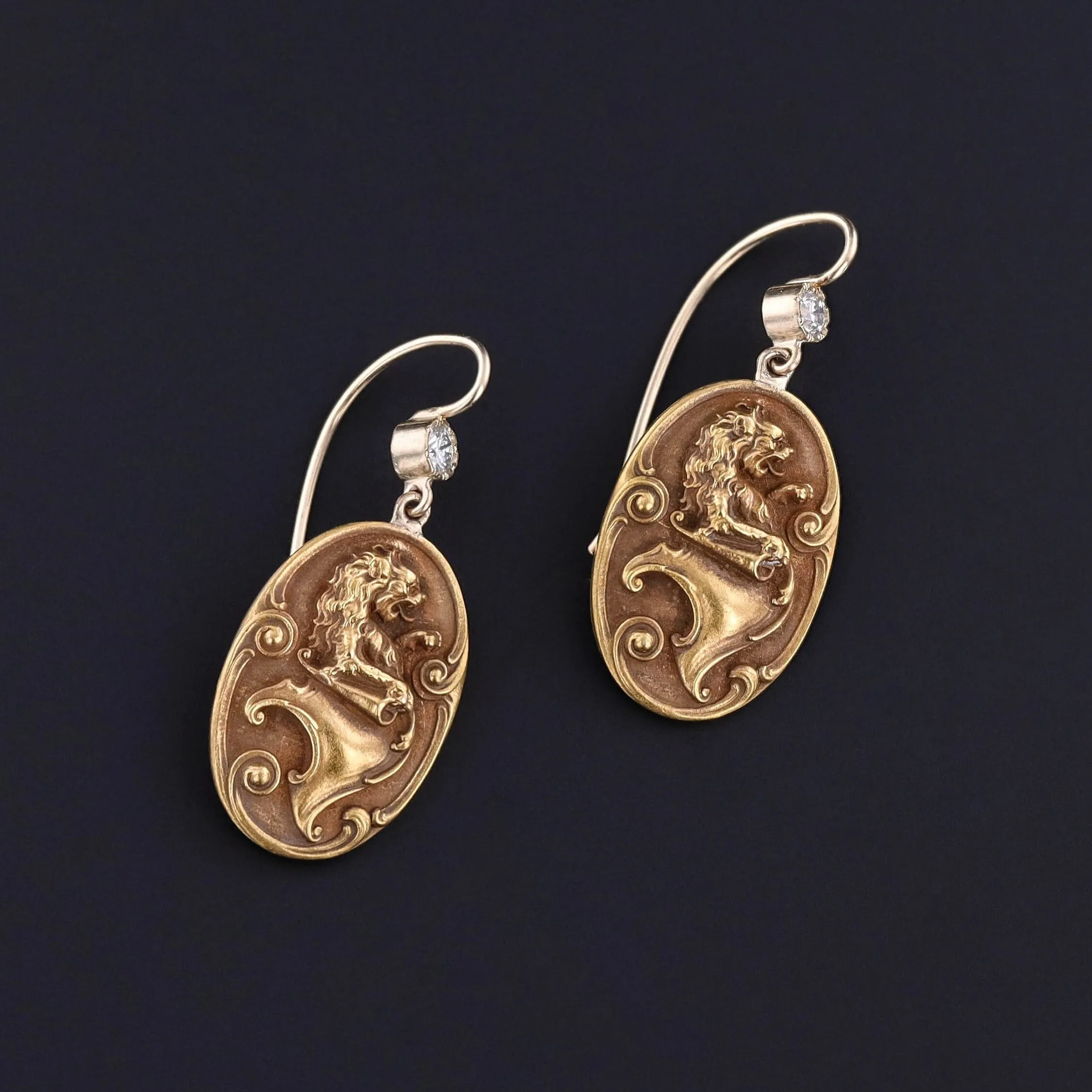 Antique Lion Earrings of 14k Gold