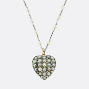 Antique Pearl and Diamond Heart Locket Necklace