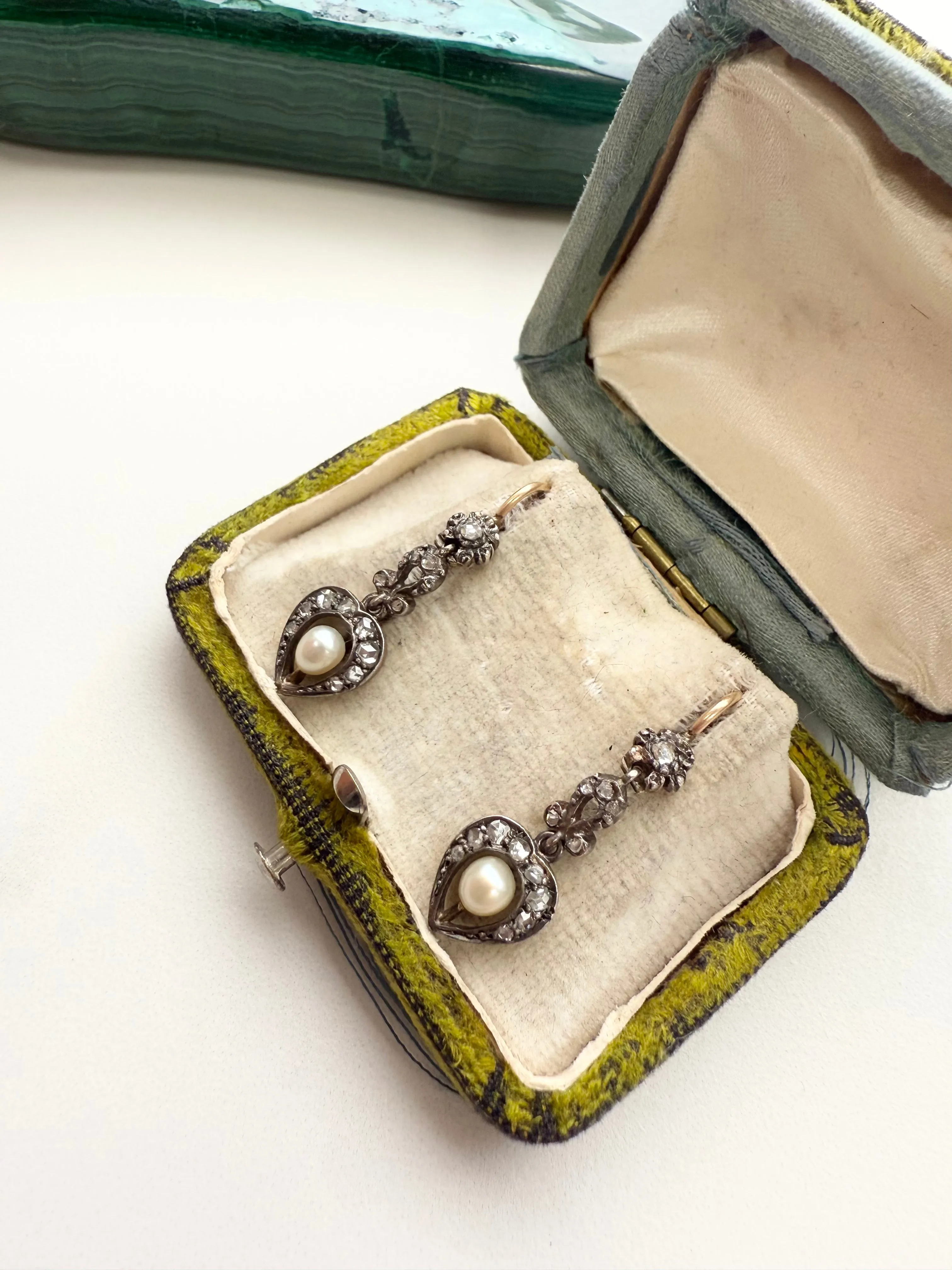 Antique Rose Cut 0.50ctw Diamond & Pearl Heart Earrings,  Two Tone Sterling Silver & 14k