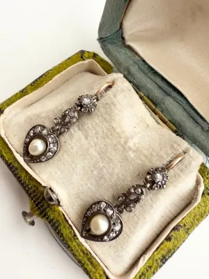 Antique Rose Cut 0.50ctw Diamond & Pearl Heart Earrings,  Two Tone Sterling Silver & 14k