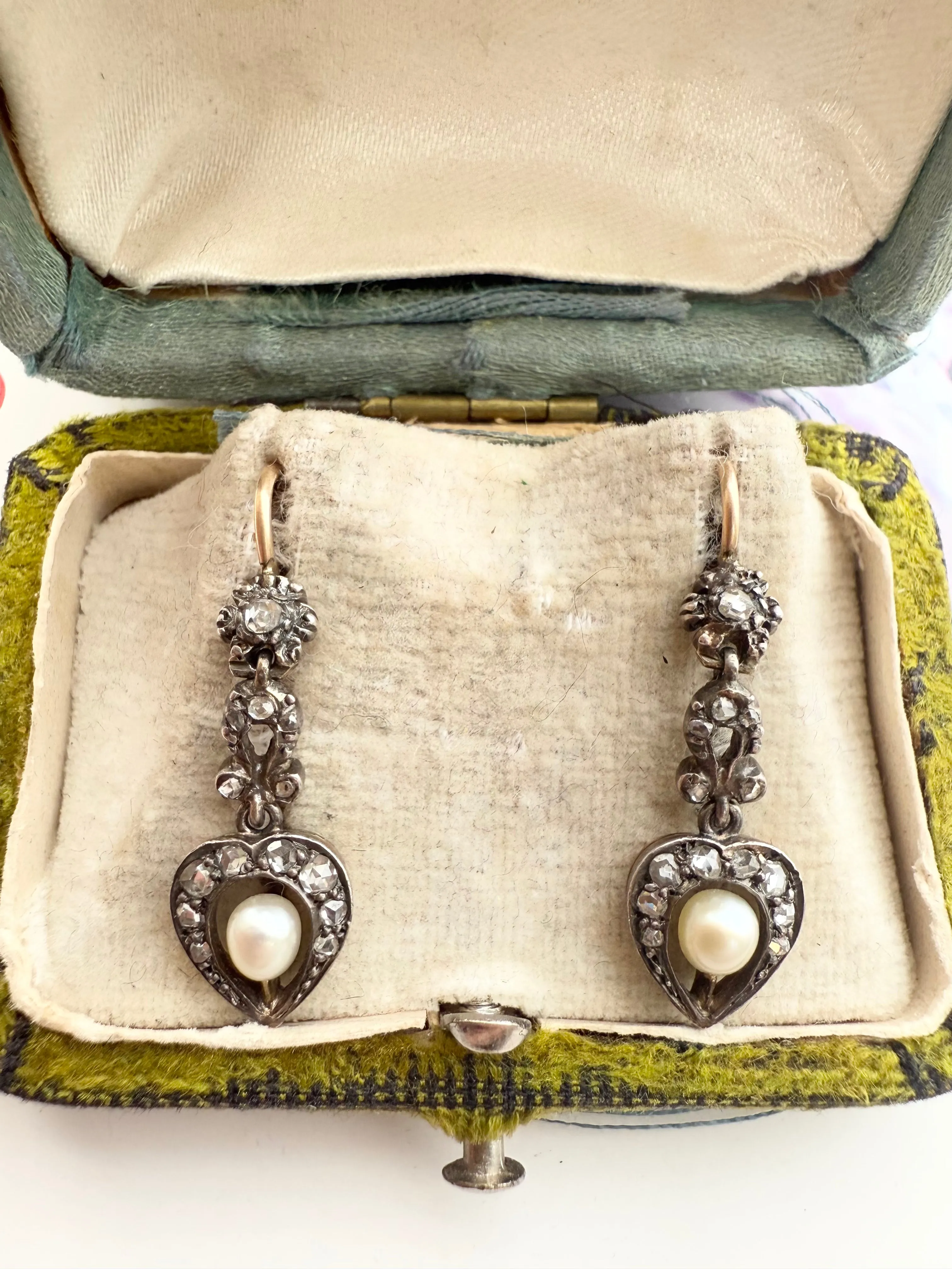 Antique Rose Cut 0.50ctw Diamond & Pearl Heart Earrings,  Two Tone Sterling Silver & 14k