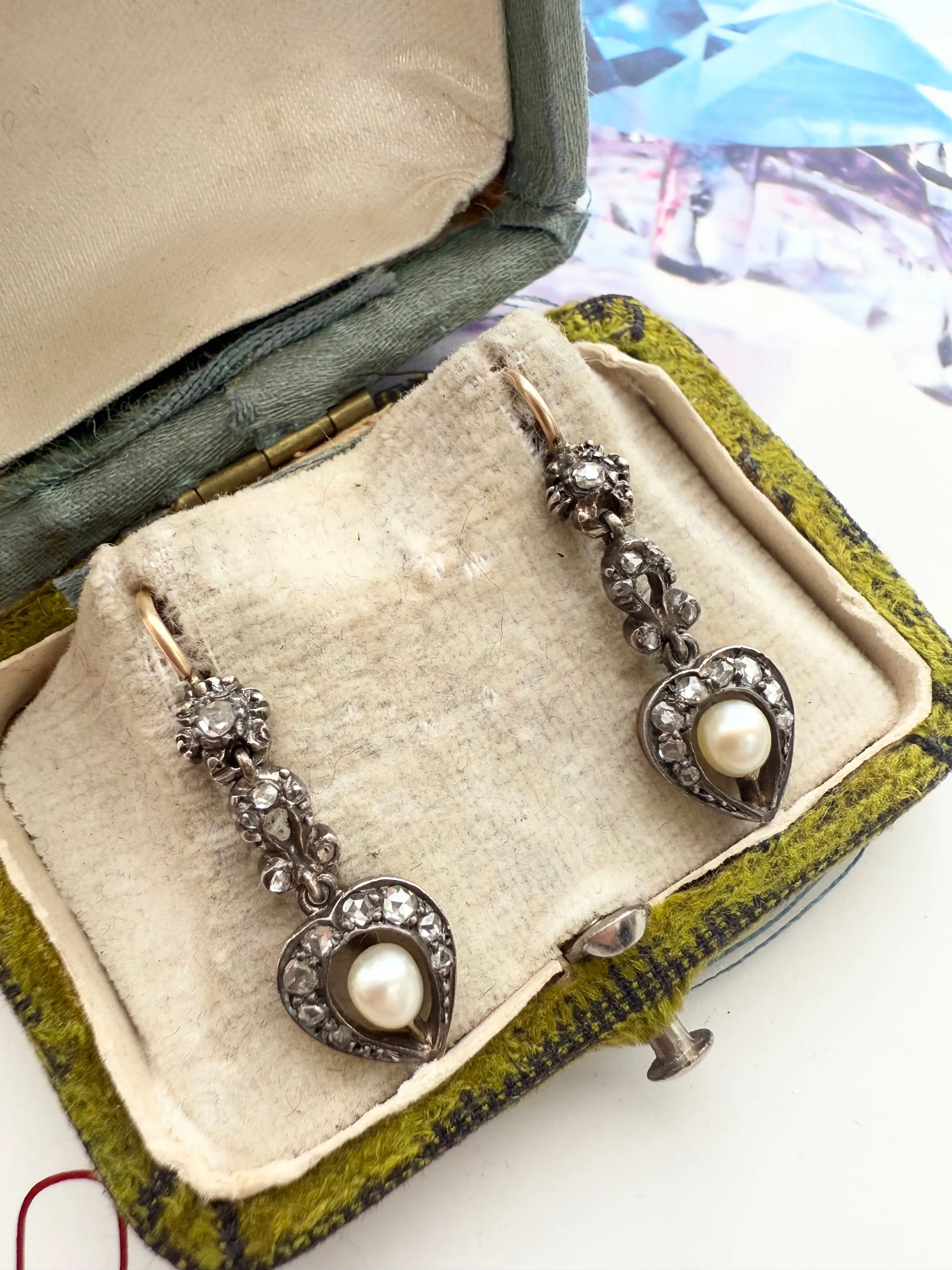 Antique Rose Cut 0.50ctw Diamond & Pearl Heart Earrings,  Two Tone Sterling Silver & 14k