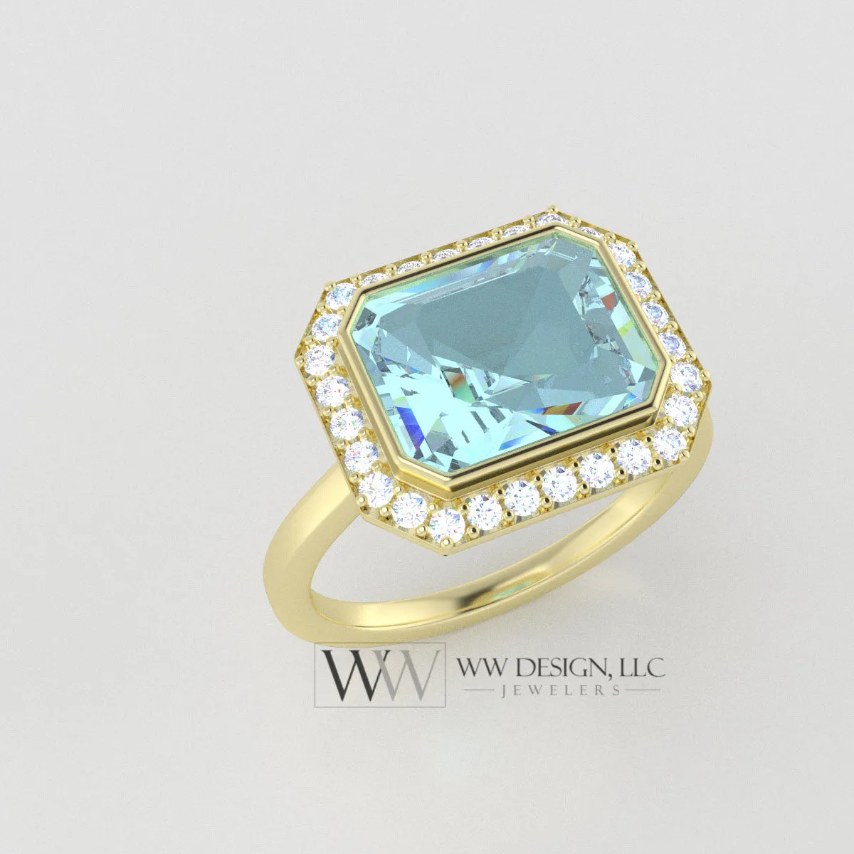 Aquamarine 3ct East West Emerald Shaped Ring with 0.28ctw Diamond Halo - 14k 18k Gold (Y, R,W) Platinum