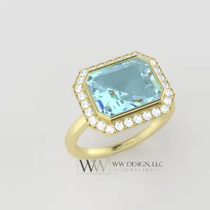 Aquamarine 3ct East West Emerald Shaped Ring with 0.28ctw Diamond Halo - 14k 18k Gold (Y, R,W) Platinum