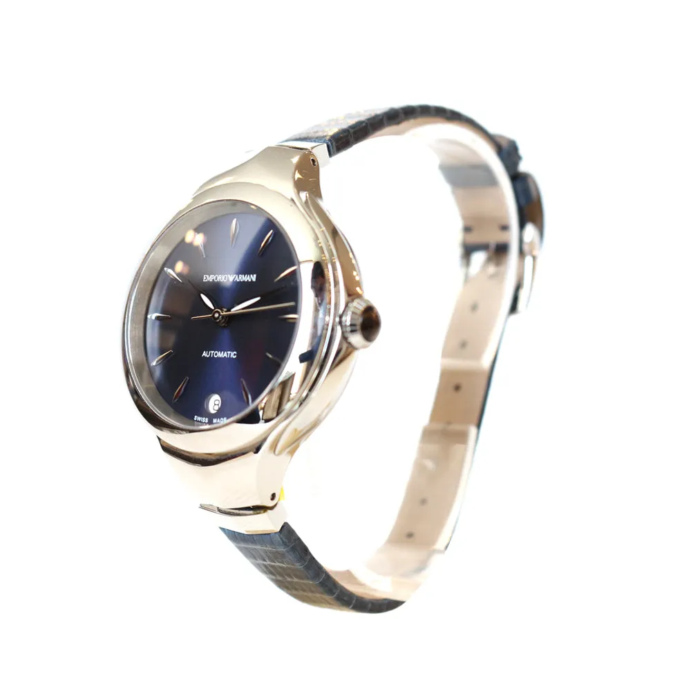 Armani Ladies Automatic Watch With Blue Leather Strap & Blue Dial
