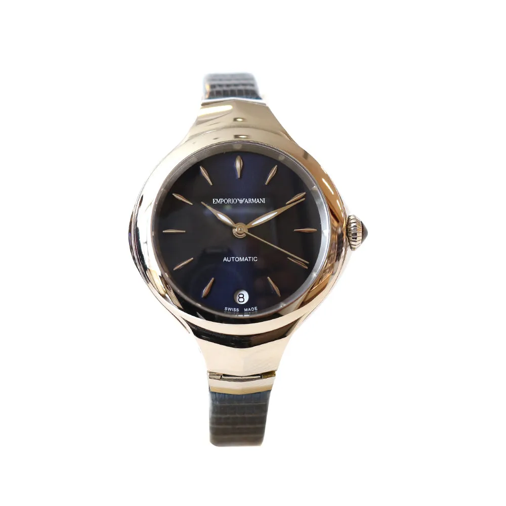 Armani Ladies Automatic Watch With Blue Leather Strap & Blue Dial