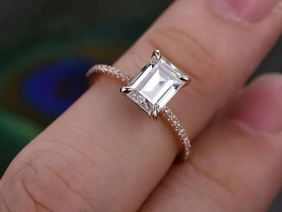 Art Deco 1.25 Carat Emerald Cut Moissanite Diamond Engagement Ring in Semi Eternity Rose Gold