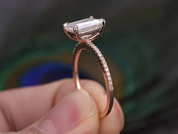 Art Deco 1.25 Carat Emerald Cut Moissanite Diamond Engagement Ring in Semi Eternity Rose Gold