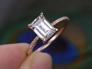 Art Deco 1.25 Carat Emerald Cut Moissanite Diamond Engagement Ring in Semi Eternity Rose Gold