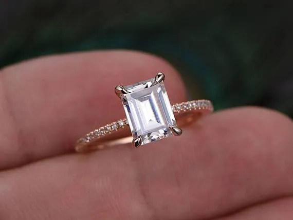 Art Deco 1.25 Carat Emerald Cut Moissanite Diamond Engagement Ring in Semi Eternity Rose Gold