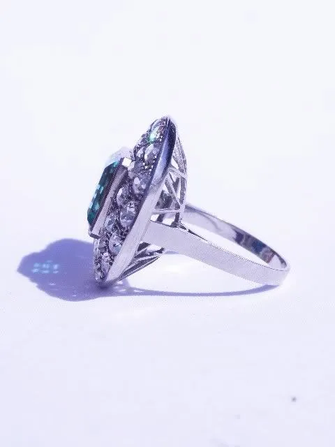 Art Deco Colombian Emerald Pave Platinum Diamond Ring