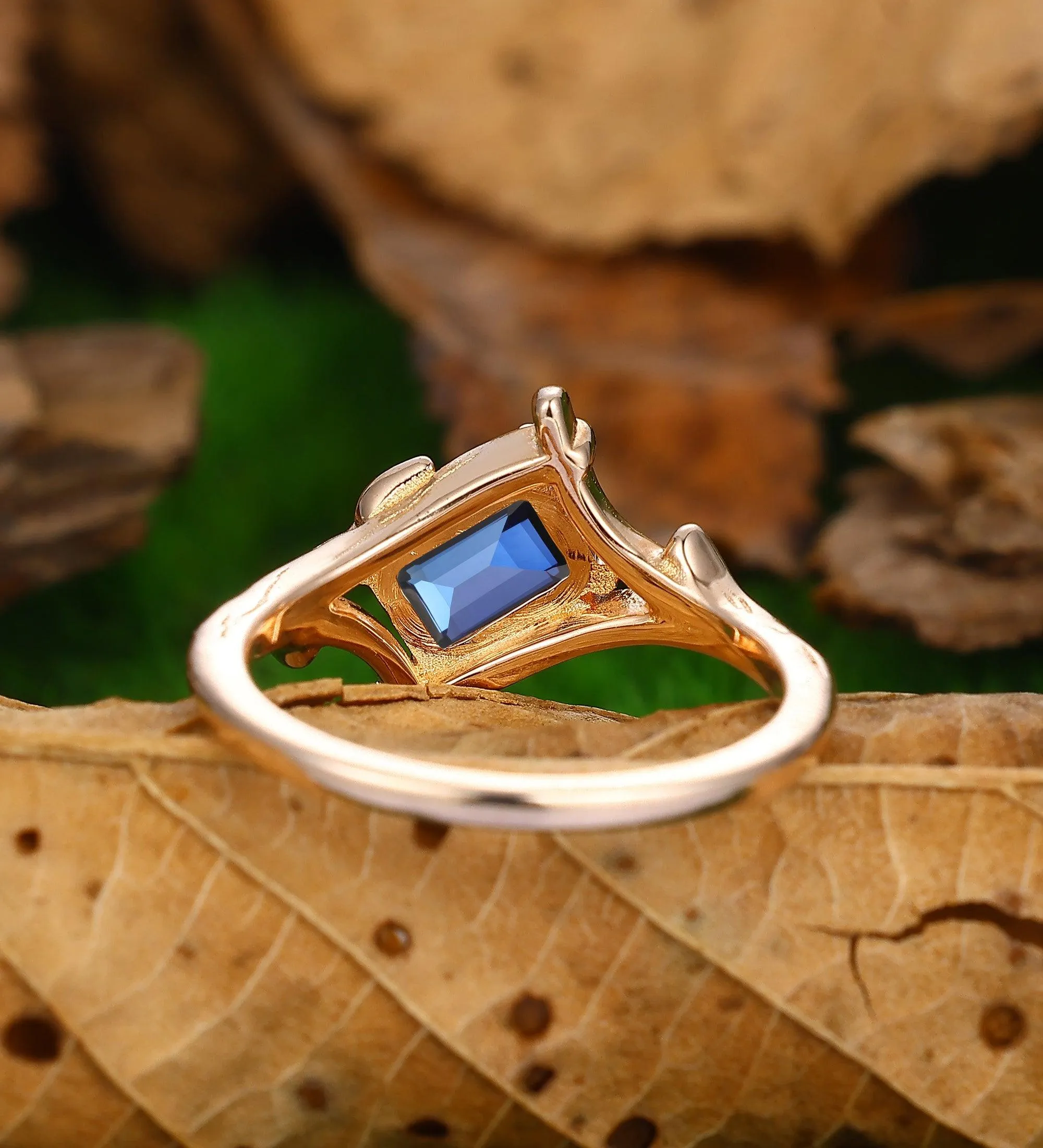 Art Deco Emerald Cut Sapphire Engagement Ring14k Soilld Gold Branch Design