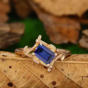 Art Deco Emerald Cut Sapphire Engagement Ring14k Soilld Gold Branch Design