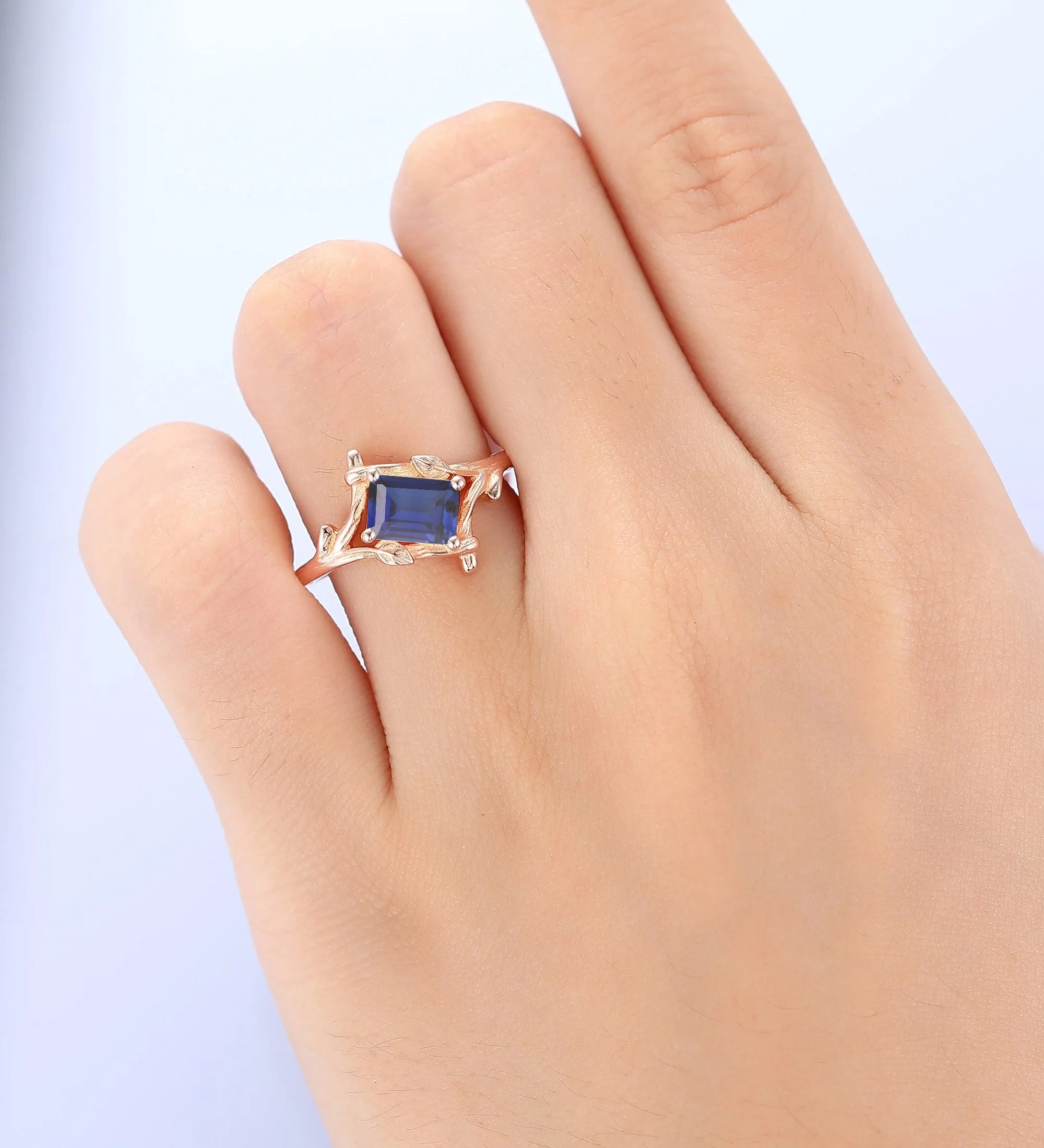 Art Deco Emerald Cut Sapphire Engagement Ring14k Soilld Gold Branch Design
