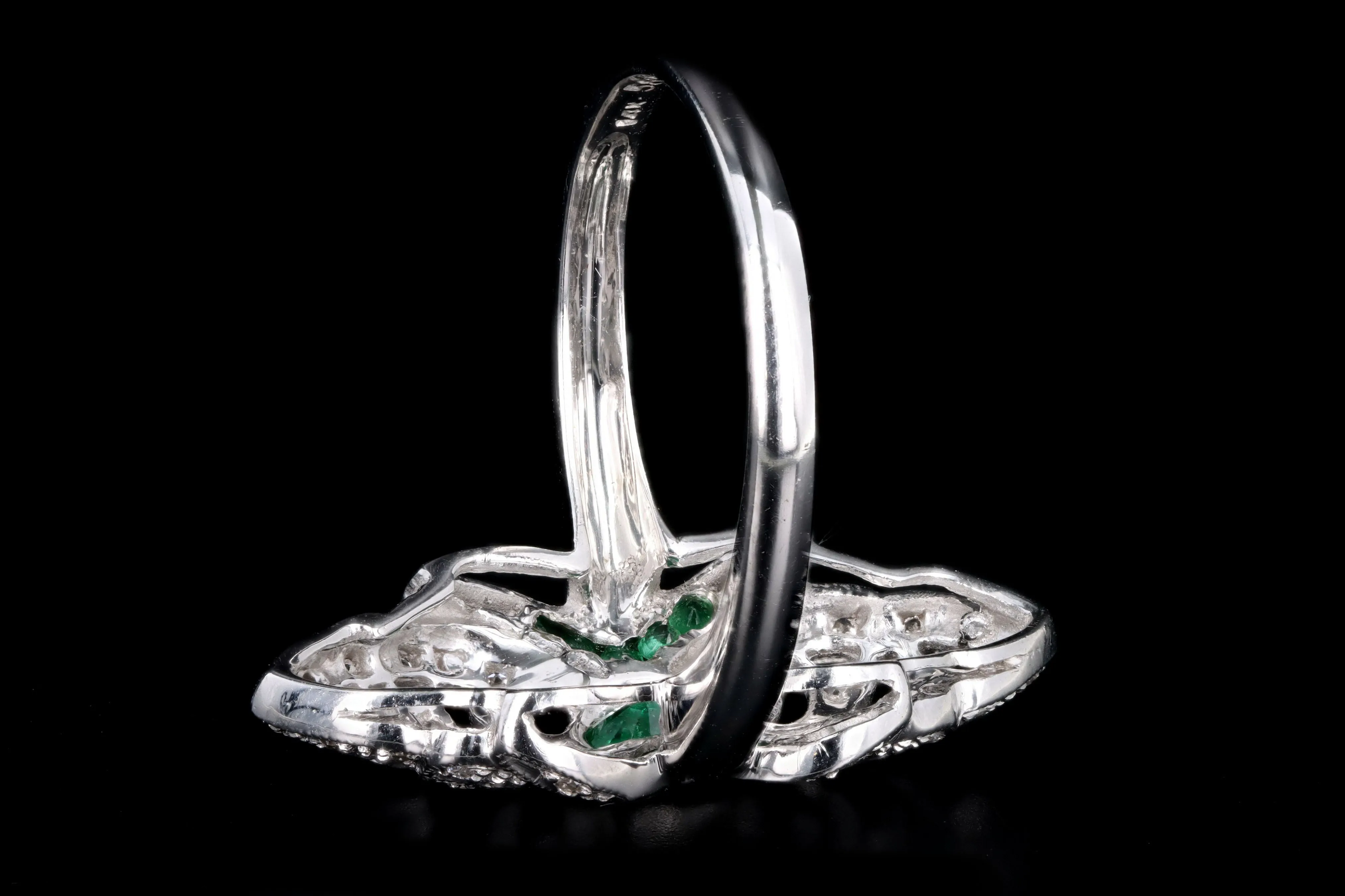 Art Deco Inspired 14K White Gold Natural Emerald & Diamond Shield Ring