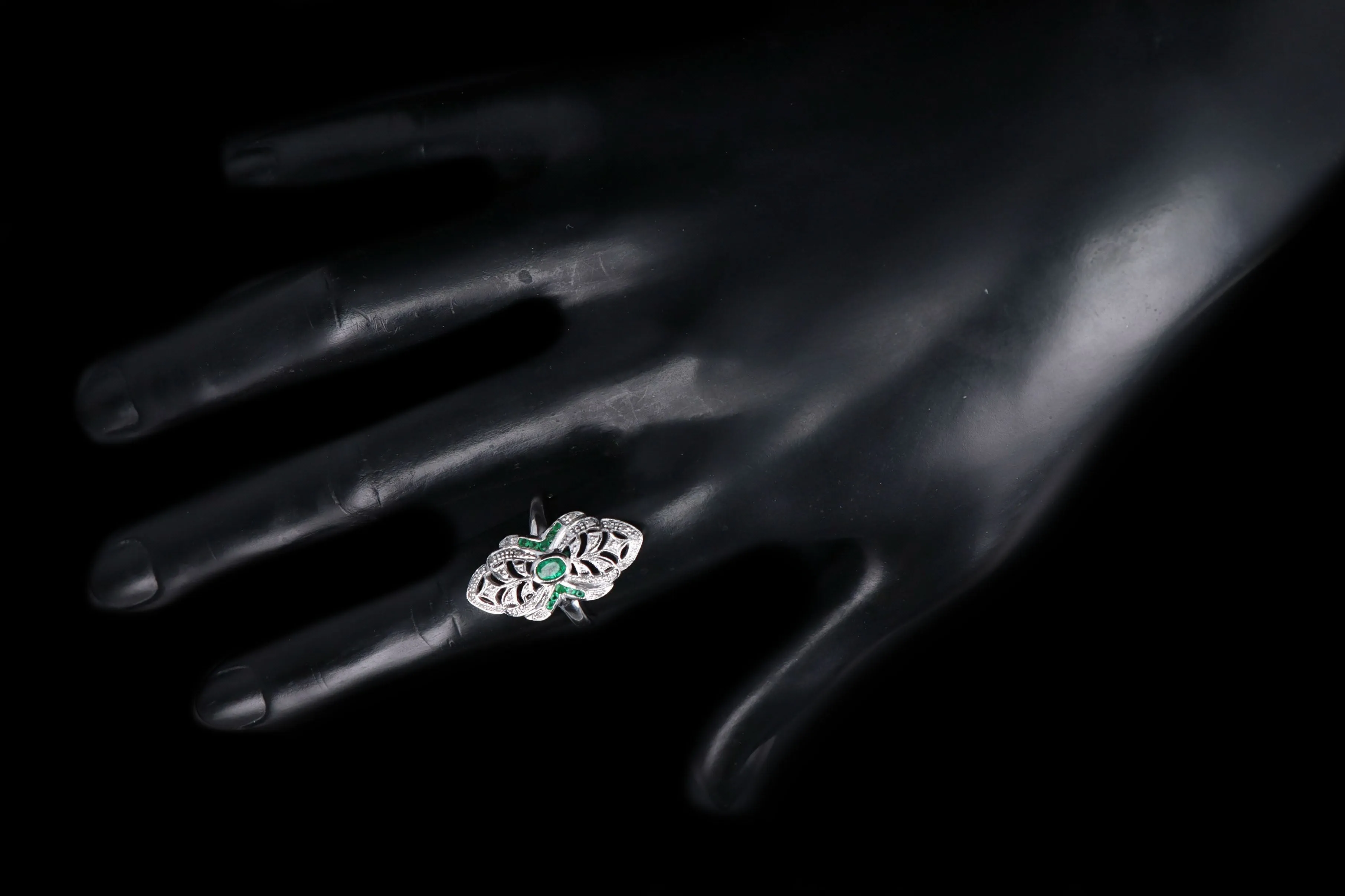 Art Deco Inspired 14K White Gold Natural Emerald & Diamond Shield Ring