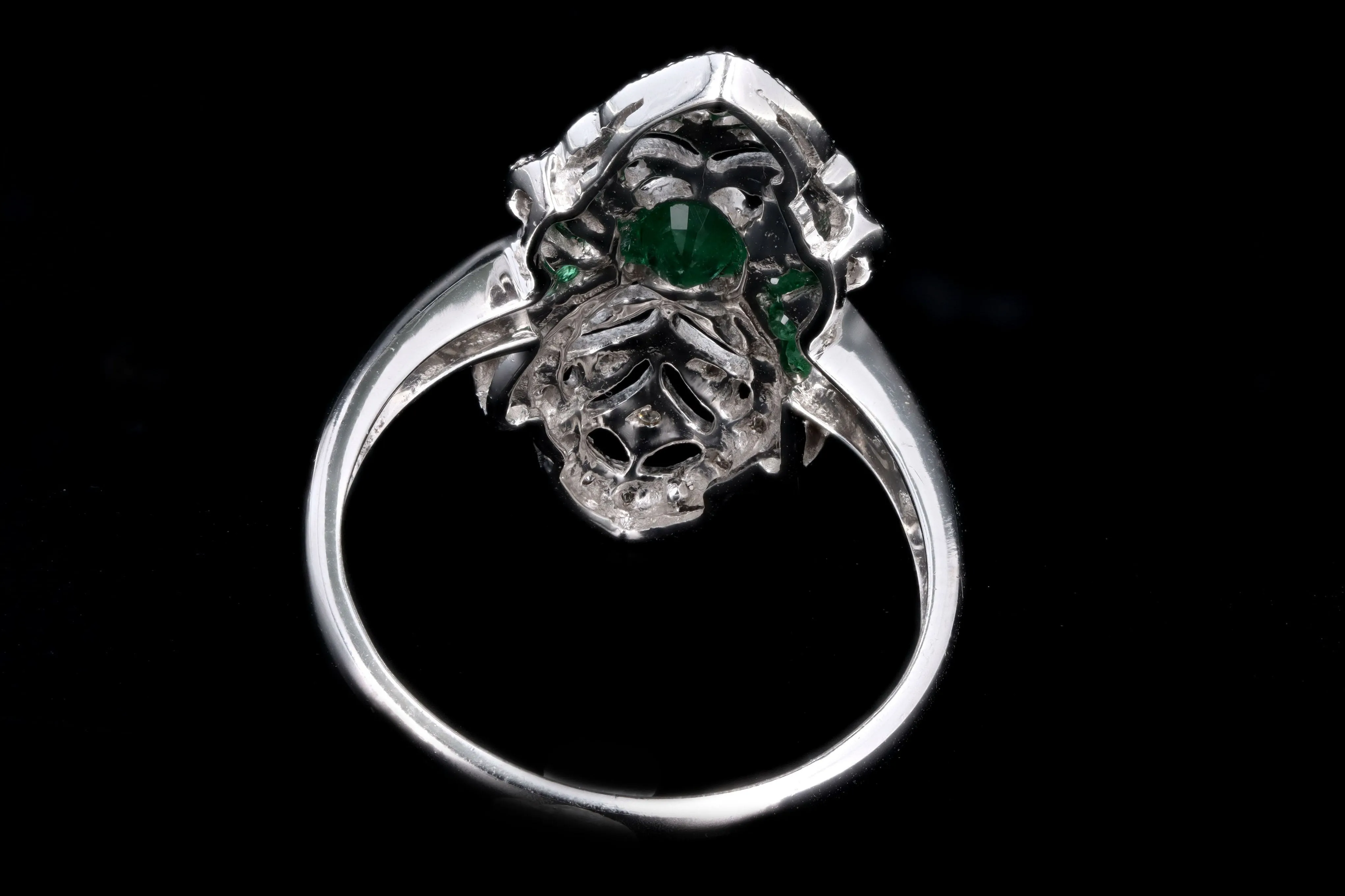 Art Deco Inspired 14K White Gold Natural Emerald & Diamond Shield Ring