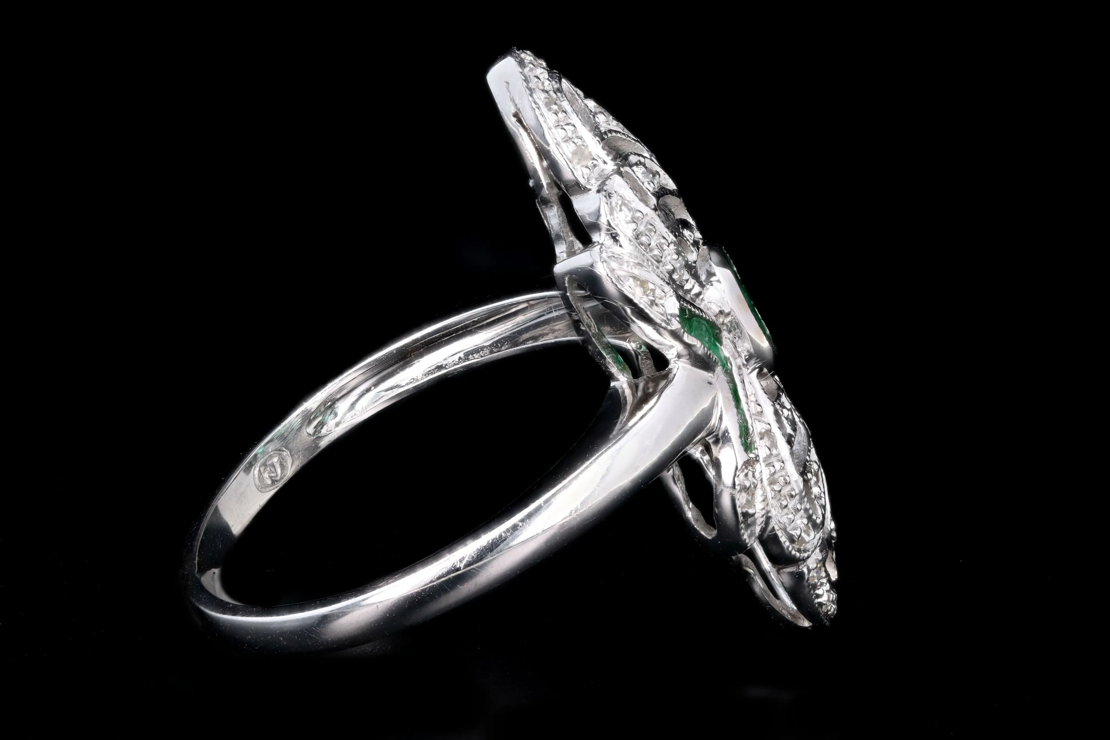 Art Deco Inspired 14K White Gold Natural Emerald & Diamond Shield Ring