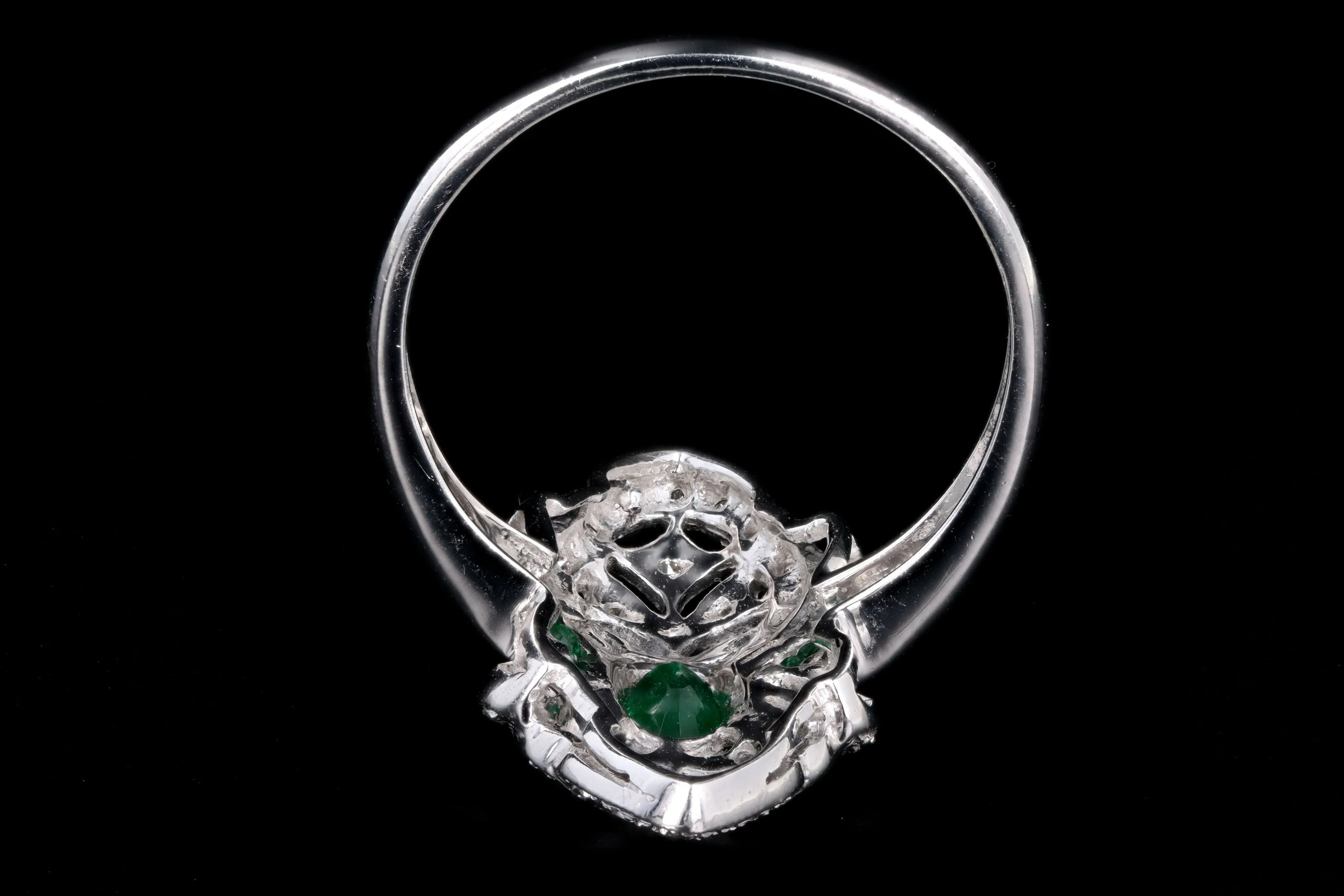 Art Deco Inspired 14K White Gold Natural Emerald & Diamond Shield Ring